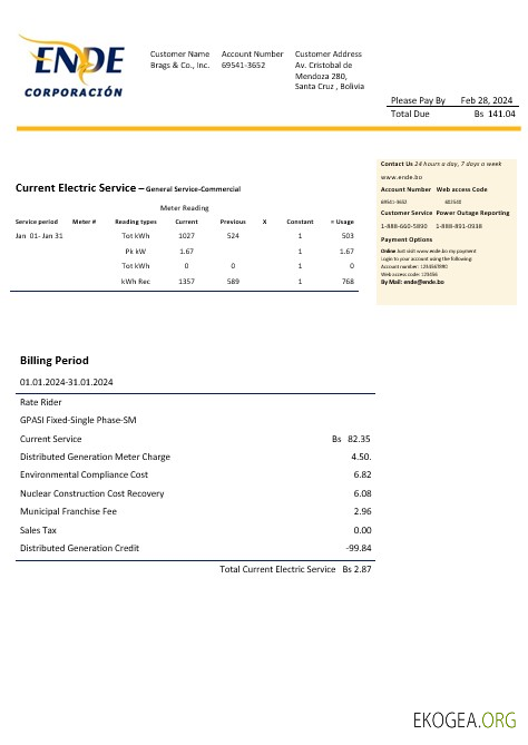Modèle de facture de services publics d'électricité de Bolivie ENDE Corporacion au format Word et PDF